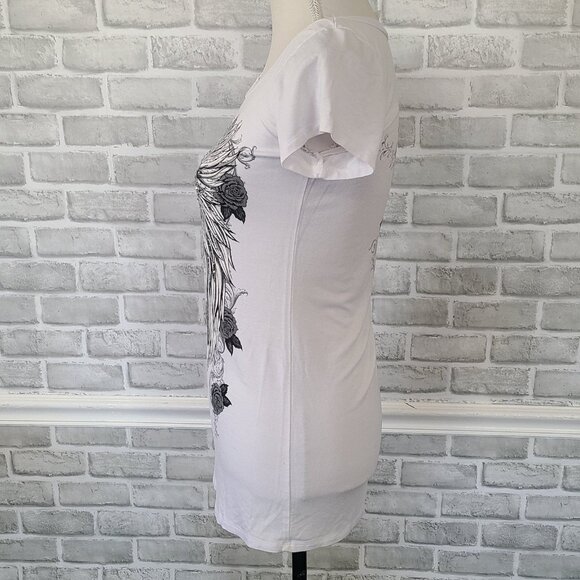 Vintage Made in USA Graphic T-shirt Wings Roses Cross Goth Streetwear Sequined L - Picture 3 of 8